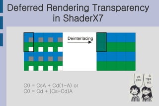 Deferred Rendering Transparency
          in ShaderX7




   C0 = CsA + Cd(1-A) or
   C0 = Cd + (Cs-Cd)A
 