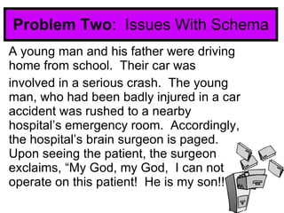 Problem Two :  Issues With Schema A young man and his father were driving home from school.  Their car was involved in a serious crash.  The young man, who had been badly injured in a car accident was rushed to a nearby hospital’s emergency room.  Accordingly, the hospital’s brain surgeon is paged.  Upon seeing the patient, the surgeon exclaims, “My God, my God,  I can not operate on this patient!  He is my son!!” 