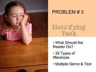PROBLEM # 3   Identifying Task What Should the Reader Do? 35 Types of Ifferences Multiple Genre & Text 