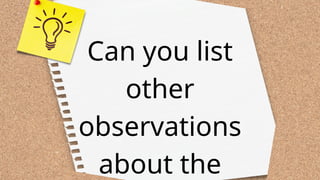 Can you list
other
observations
about the
 