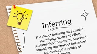 Inferring
The skill of inferring may involve
identifying cause and effect
relationships from events observed,
identifying the limits of inferences,
nd testing the validity of
s.
 