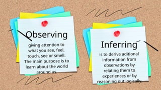 Inferring
is to derive aditional
information from
observations by
relating them to
experiences or by
reasoning out logically.
Observing
giving attention to
what you see, feel,
touch, see or smell.
The main purpose is to
learn about the world
around us.
 
