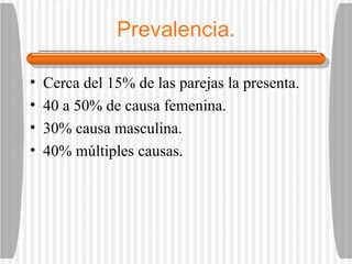 Prevalencia. Cerca del 15% de las parejas la presenta. 40 a 50% de causa femenina. 30% causa masculina. 40% múltiples causas. 