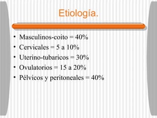 Etiología. Masculinos-coito = 40% Cervicales = 5 a 10% Uterino-tubaricos = 30% Ovulatorios = 15 a 20% Pélvicos y peritoneales = 40% 