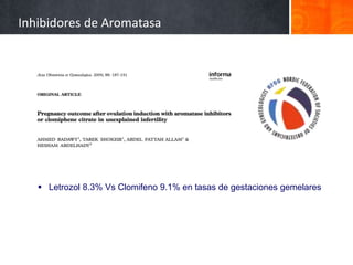 Inhibidores de Aromatasa
 Letrozol 8.3% Vs Clomifeno 9.1% en tasas de gestaciones gemelares
 