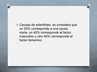 O Causas de esterilidad, se considera que
un 20% corresponde a una causa
mixta, un 40% corresponde al factor
masculino y otro 40% corresponde al
factor femenino
 