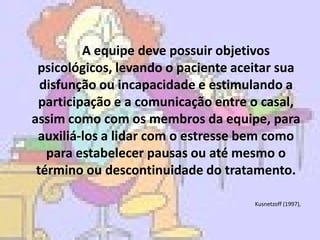 A equipe deve possuir objetivos
 psicológicos, levando o paciente aceitar sua
  disfunção ou incapacidade e estimulando a
 participação e a comunicação entre o casal,
assim como com os membros da equipe, para
 auxiliá-los a lidar com o estresse bem como
   para estabelecer pausas ou até mesmo o
 término ou descontinuidade do tratamento.

                                     Kusnetzoff (1997),
 