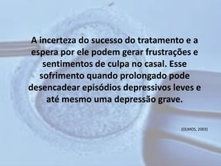 A incerteza do sucesso do tratamento e a
 espera por ele podem gerar frustrações e
    sentimentos de culpa no casal. Esse
   sofrimento quando prolongado pode
desencadear episódios depressivos leves e
     até mesmo uma depressão grave.

                                    (OLMOS, 2003)
 