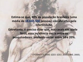 Estima-se que, 10% da população brasileira (uma
  média de 18.640.500 pessoas) são afetadas pela
                      infertilidade.
Entretanto, é preciso dizer que, nos casais em idade
        fértil, essa incidência oscila entre os
   pesquisadores, podendo variar entre 10 e 20%.




                  (TOGNOTTI, 2000; IZZO; IZZO, 2000; OMS, 2005).
 