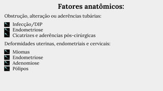 Fatores anatômicos:
Obstrução, alteração ou aderências tubárias:
● Infecção/DIP
● Endometriose
● Cicatrizes e aderências pós-cirúrgicas
Deformidades uterinas, endometriais e cervicais:
● Miomas
● Endometriose
● Adenomiose
● Pólipos
 