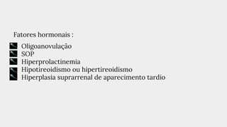Fatores hormonais :
● Oligoanovulação
● SOP
● Hiperprolactinemia
● Hipotireoidismo ou hipertireoidismo
● Hiperplasia suprarrenal de aparecimento tardio
 