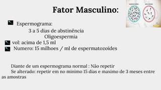 Fator Masculino:
Espermograma:
3 a 5 dias de abstinência
Oligoespermia
vol: acima de 1,5 ml
Numero: 15 milhoes / ml de espermatozoides
Diante de um espermograma normal : Não repetir
Se alterado: repetir em no minimo 15 dias e maximo de 3 meses entre
as amostras
 