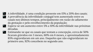 ● A infertilidade, é uma condição presente em 15% a 20% dos casais;
● A prevalência da infertilidade conjugal tem aumentado entre os
casais nos últimos tempos, principalmente em razão do adiamento
da gestação e pelo envelhecimento da população;
● Espera-se um aumento entre 5% a 10% da infertilidade nas próximas
décadas.
● Estimando-se que os casais que tentam a concepção, cerca de 50%
ficaram grávidos em 3 meses, 60% em 6 meses, e aproximadamente
85% engravidaram em um ano. Daqueles que não engravidaram no
primeiro ano, 92% concebem no segundo ano.
 