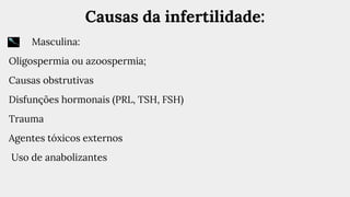 Causas da infertilidade:
Masculina:
Oligospermia ou azoospermia;
Causas obstrutivas
Disfunções hormonais (PRL, TSH, FSH)
Trauma
Agentes tóxicos externos
Uso de anabolizantes
 