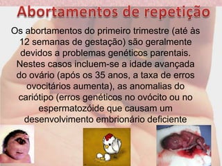 Abortamentos de repetiçãoOs abortamentos do primeiro trimestre (até às 12 semanas de gestação) são geralmente devidos a problemas genéticos parentais. Nestes casos incluem-se a idade avançada do ovário (após os 35 anos, a taxa de erros ovocitários aumenta), as anomalias do cariótipo (erros genéticos no ovócito ou no espermatozóide que causam um desenvolvimento embrionário deficiente