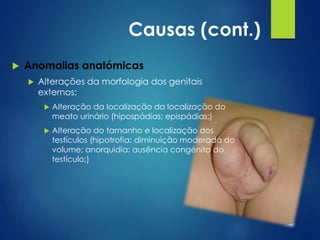Causas (cont.)


Anomalias anatómicas


Alterações da morfologia dos genitais
externos:


Alteração da localização da localização do
meato urinário (hipospádias; epispádias;)



Alteração do tamanho e localização dos
testículos (hipotrofia: diminuição moderada do
volume; anorquidia: ausência congénita do
testículo;)

 