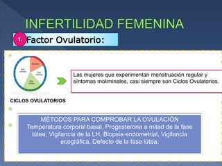  Constituyen 30% a 40% de todos los casos de infertilidad femenina.
 La ovulación es un prerrequisito manifiesto para la concepcion, por ello
debe comprobarse qué ocurre.
 Los Dx iniciales pueden ser: Anovulación (ausencia completa de la
ovulación) u Oligoovulación (ovulación infrecuente).
Factor Ovulatorio:1.
CICLOS OVULATORIOS
28 días +/- 7
Las mujeres que experimentan menstruación regular y
síntomas moliminales, casi siempre son Ciclos Ovulatorios.
MÉTODOS PARA COMPROBAR LA OVULACIÓN
Temperatura corporal basal, Progesterona a mitad de la fase
lútea, Vigilancia de la LH, Biopsia endometrial, Vigilancia
ecográfica, Defecto de la fase lútea.
 