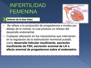  Se refiere a la producción de progesterona a niveles por
debajo de lo normal, lo cual produce un retraso del
desarrollo endometrial.
 Cualquier alteración en los mecanismos que intervienen
en la regulación de la estimulación hormonal pulsátil,
como desarrollo folicular insuficiente, secreción
insuficiente de FSH, secreción anormal de LH o
efecto anormal de progesterona sobre el endometrio.
Defecto de la fase lútea:
 
