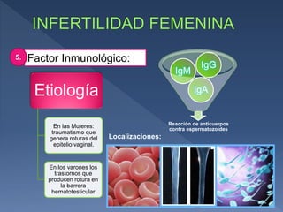 Factor Inmunológico:5.
Etiología
En las Mujeres:
traumatismo que
genera roturas del
epitelio vaginal.
En los varones los
trastornos que
producen rotura en
la barrera
hematotesticular
Localizaciones:
Reacción de anticuerpos
contra espermatozoides
IgA
IgM
IgG
 
