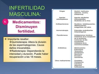 Medicamentos:
Disminuyen
fertilidad.
5.
 Importante resaltar:
Quimioterapia: Altera la división
de las espermatogonias. Causa
daños irreversibles.
Radioterapia: Dependiendo la
intensidad y duración. Puede haber
recuperación a las 18 meses.
 