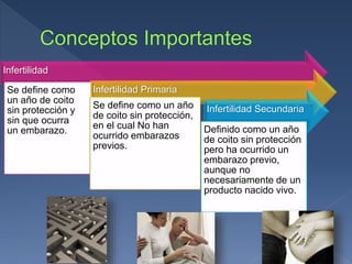 Infertilidad
Se define como
un año de coito
sin protección y
sin que ocurra
un embarazo.
Infertilidad Primaria
Se define como un año
de coito sin protección,
en el cual No han
ocurrido embarazos
previos.
Infertilidad Secundaria
Definido como un año
de coito sin protección
pero ha ocurrido un
embarazo previo,
aunque no
necesariamente de un
producto nacido vivo.
 