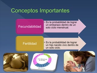 • Es la probabilidad de lograr
un embarazo dentro de un
solo ciclo menstrual.Fecundabilidad
• Es la probabilidad de lograr
un hijo nacido vivo dentro de
un solo ciclo.
Fertilidad
 