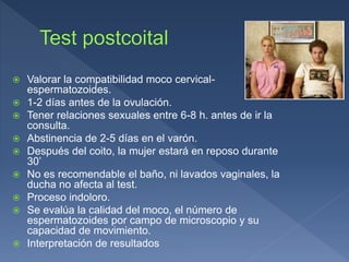 Valorar la compatibilidad moco cervical-
espermatozoides.
 1-2 días antes de la ovulación.
 Tener relaciones sexuales entre 6-8 h. antes de ir la
consulta.
 Abstinencia de 2-5 días en el varón.
 Después del coito, la mujer estará en reposo durante
30’
 No es recomendable el baño, ni lavados vaginales, la
ducha no afecta al test.
 Proceso indoloro.
 Se evalúa la calidad del moco, el número de
espermatozoides por campo de microscopio y su
capacidad de movimiento.
 Interpretación de resultados
 