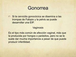 Gonorrea
Si la cervicitis gonocócica se disemina a las
trompas de Falopio y la pelvis se puede
desarrollar una EIP.
Vaginosis
Es el tipo más común de afección vaginal, más que
la producida por hongos o parásitos, pero no se le
suele dar mucha importancia a pesar de que puede
producir infertilidad.
 