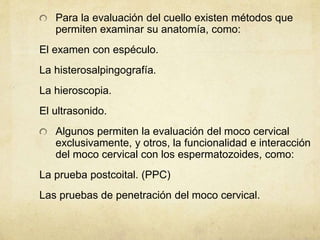 Para la evaluación del cuello existen métodos que
permiten examinar su anatomía, como:
El examen con espéculo.
La histerosalpingografía.
La hieroscopia.
El ultrasonido.
Algunos permiten la evaluación del moco cervical
exclusivamente, y otros, la funcionalidad e interacción
del moco cervical con los espermatozoides, como:
La prueba postcoital. (PPC)
Las pruebas de penetración del moco cervical.
 
