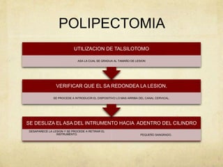 POLIPECTOMIA
SE DESLIZA EL ASA DEL INTRUMENTO HACIA ADENTRO DEL CILINDRO
DESAPARECE LA LESION Y SE PROCEDE A RETIRAR EL
INSTRUMENTO. PEQUEÑO SANGRADO.
VERIFICAR QUE EL SA REDONDEA LA LESION.
SE PROCEDE A INTRODUCIR EL DISPOSITIVO LO MAS ARRIBA DEL CANAL CERVICAL.
UTILIZACION DE TALSILOTOMO
ASA LA CUAL SE GRADUA AL TAMAÑO DE LESION
 