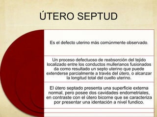 ÚTERO SEPTUD
Es el defecto uterino más comúnmente observado.
Un proceso defectuoso de reabsorción del tejido
localizado entre los conductos mullerianos fusionados
da como resultado un septo uterino que puede
extenderse parcialmente a través del útero, o alcanzar
la longitud total del cuello uterino.
El útero septado presenta una superficie externa
normal, pero posee dos cavidades endometriales,
en contraste con el útero bicorne que se caracteriza
por presentar una identación a nivel fundico.
 