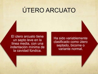 ÚTERO ARCUATO
El útero arcuato tiene
un septo leve en la
línea media, con una
indentación mínima de
la cavidad fúndica.
Ha sido variablemente
clasificado como útero
septado, bicorne o
variante normal.
 