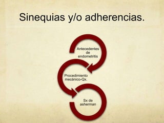 Sinequias y/o adherencias.
Antecedentes
de
endometritis
Procedimiento
mecánico-Qx.
Sx de
asherman
 