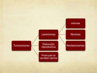 Tumoraciones
Leiomiomas
miomas
fibromas
fibroleiomiomas
Disfunción
reproductiva
Protruyen la
cavidad uterina
 