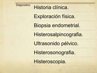 Diagnostico
Historia clínica.
Exploración física.
Biopsia endometrial.
Histerosalpincografia.
Ultrasonido pélvico.
Histerosonografia.
Histeroscopia.
 