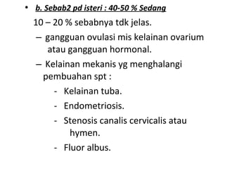 • b. Sebab2 pd isteri : 40-50 % Sedang
10 – 20 % sebabnya tdk jelas.
– gangguan ovulasi mis kelainan ovarium
atau gangguan hormonal.
– Kelainan mekanis yg menghalangi
pembuahan spt :
- Kelainan tuba.
- Endometriosis.
- Stenosis canalis cervicalis atau
hymen.
- Fluor albus.
 