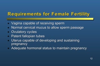 Requirements for Female Fertility <ul><li>Vagina capable of receiving sperm </li></ul><ul><li>Normal cervical mucus to all...