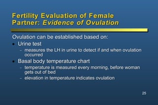 Fertility Evaluation of Female Partner:  Evidence of Ovulation <ul><li>Ovulation can be established based on: </li></ul><u...