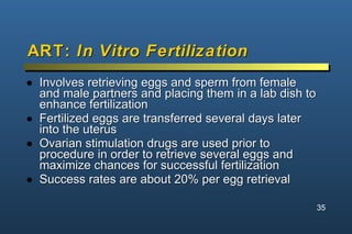 ART:  In Vitro Fertilization <ul><li>Involves retrieving eggs and sperm from female and male partners and placing them in ...