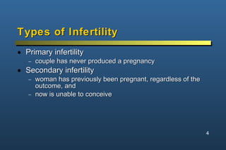 Types of Infertility <ul><li>Primary infertility </li></ul><ul><ul><li>couple has never produced a pregnancy </li></ul></u...