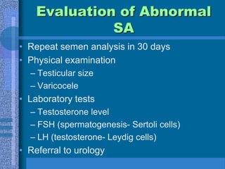 Fewer than 1 million/mlCauses for Abnormal SANo spermKlinefelter’s syndromeSertoli only syndromeDuctal obstructionHypogonadotropic-hypogonadismFew spermGenetic disorderEndocrinopathiesVaricoceleExogenous (e.g., Heat)         Abnormal Count