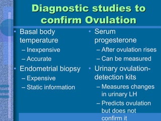 MenstruationOvulation occurs 13-14 times per yearMenstrual cycles on average are Q 28 days with ovulation around day 14Luteal phasedominated by the secretion of progesteronereleased by the corpus luteumProgesterone causesThickening of the endocervical mucusIncreases the basal body temperature (0.6° F)Involution of the corpus luteum causes a fall in progesterone and the onset of menses