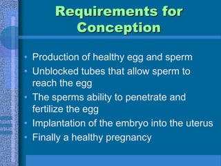 Requirements for Conception  Production of healthy egg and spermUnblocked tubes that allow sperm to reach the eggThe sperms ability to penetrate and fertilize the eggImplantation of the embryo into the uterusFinally a healthy pregnancy