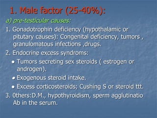1. Male factor (25-40%):
a) pre-testicular causes:
1. Gonadotrophin deficiency (hypothalamic or
pitutary causes): Congenital deficiency, tumors ,
granulomatous infections ,drugs.
2. Endocrine excess syndroms:
● Tumors secreting sex steroids ( estrogen or
androgen).
● Exogenous steroid intake.
● Excess corticosteroids; Cushing S or steroid ttt.
3. 0thers:D.M., hypothyroidism, sperm agglutinatio
Ab in the serum.
 