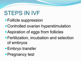 STEPS IN IVF
Follicle suppression
Controlled ovarian hyperstimulation
Aspiration of eggs from follicles
Fertilization, incubation and selection
of embryos
Embryo transfer
Pregnancy test
 