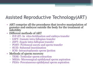 Assisted Reproductive Technology(ART)
• ART comprise all the procedures that involve manipulation of
gamates and embryos o...