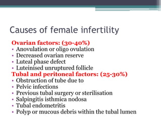 Causes of female infertility
Ovarian factors: (30-40%)
• Anovulation or oligo ovulation
• Decreased ovarian reserve
• Lute...