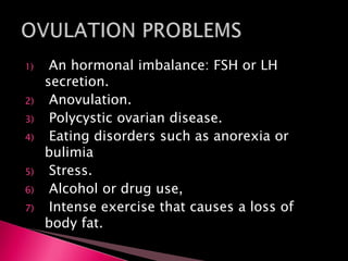1) An hormonal imbalance: FSH or LH
secretion.
2) Anovulation.
3) Polycystic ovarian disease.
4) Eating disorders such as anorexia or
bulimia
5) Stress.
6) Alcohol or drug use,
7) Intense exercise that causes a loss of
body fat.
 