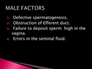 1) Defective spermatogenesis.
2) Obstruction of Efferent duct.
3) Failure to deposit sperm high in the
vagina.
4) Errors in the seminal fluid.
 