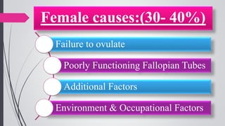 Female causes:(30- 40%)
Failure to ovulate
Poorly Functioning Fallopian Tubes
Additional Factors
Environment & Occupational Factors
 
